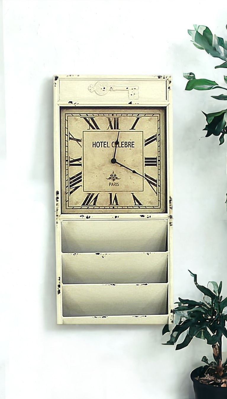 60" Off White Vintage Look Magazine Rack With Clock
