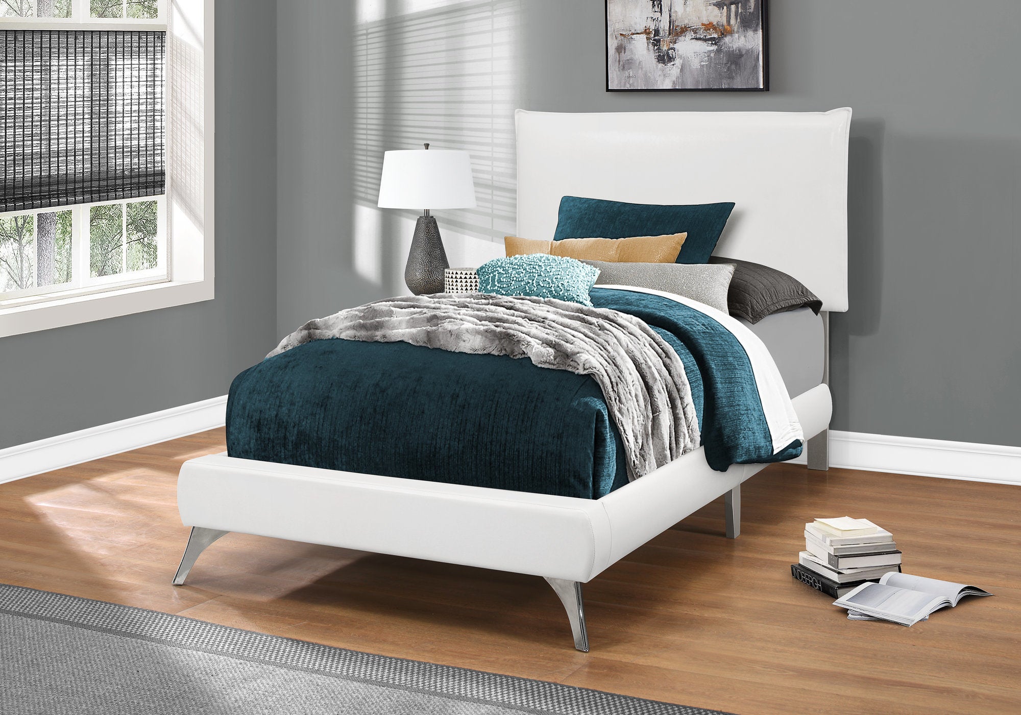 Solid Wood Twin White Upholstered Linen Bed