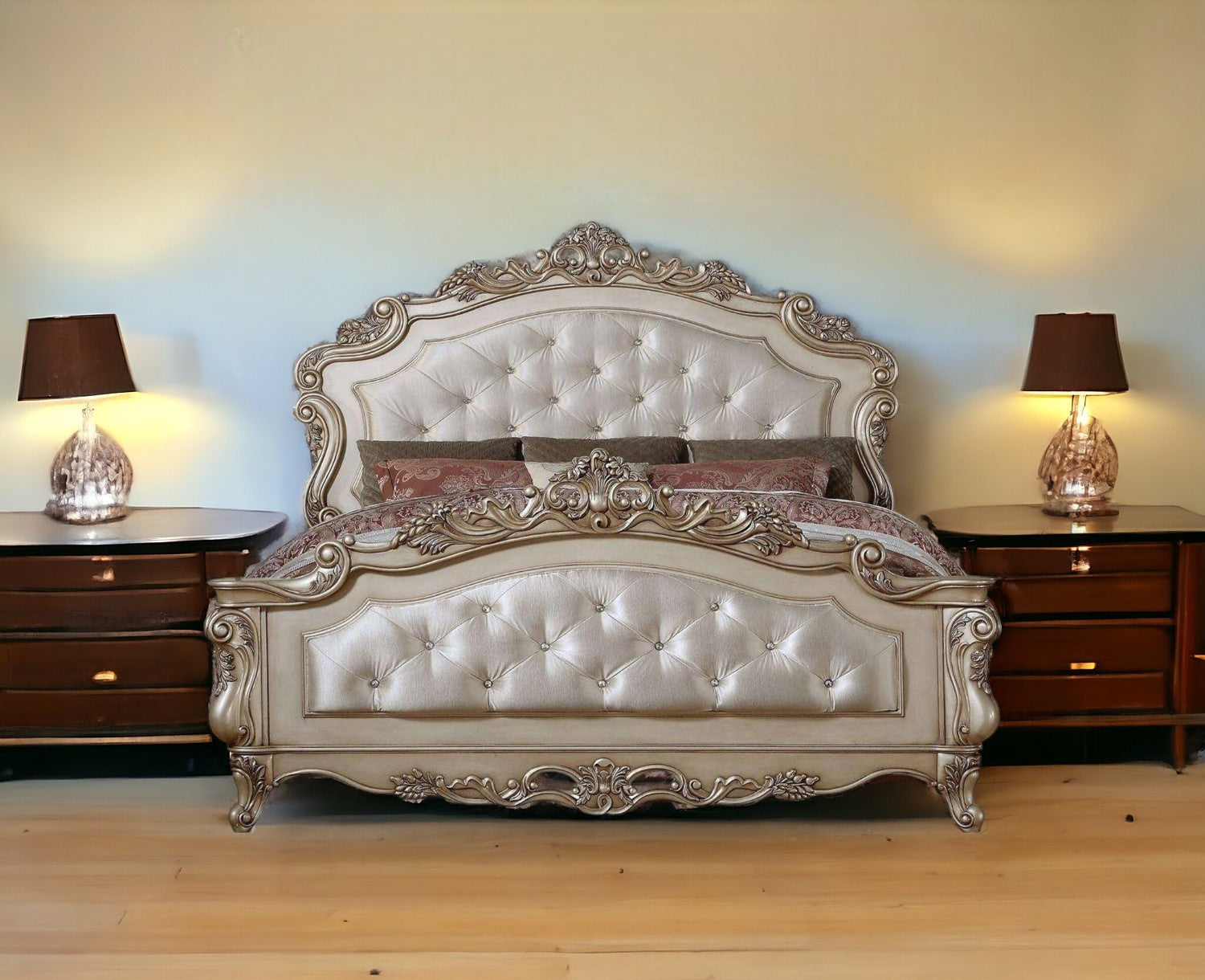 Queen Tufted Brown And Brown and Black Upholstered Silk Bed With Nailhead Trim