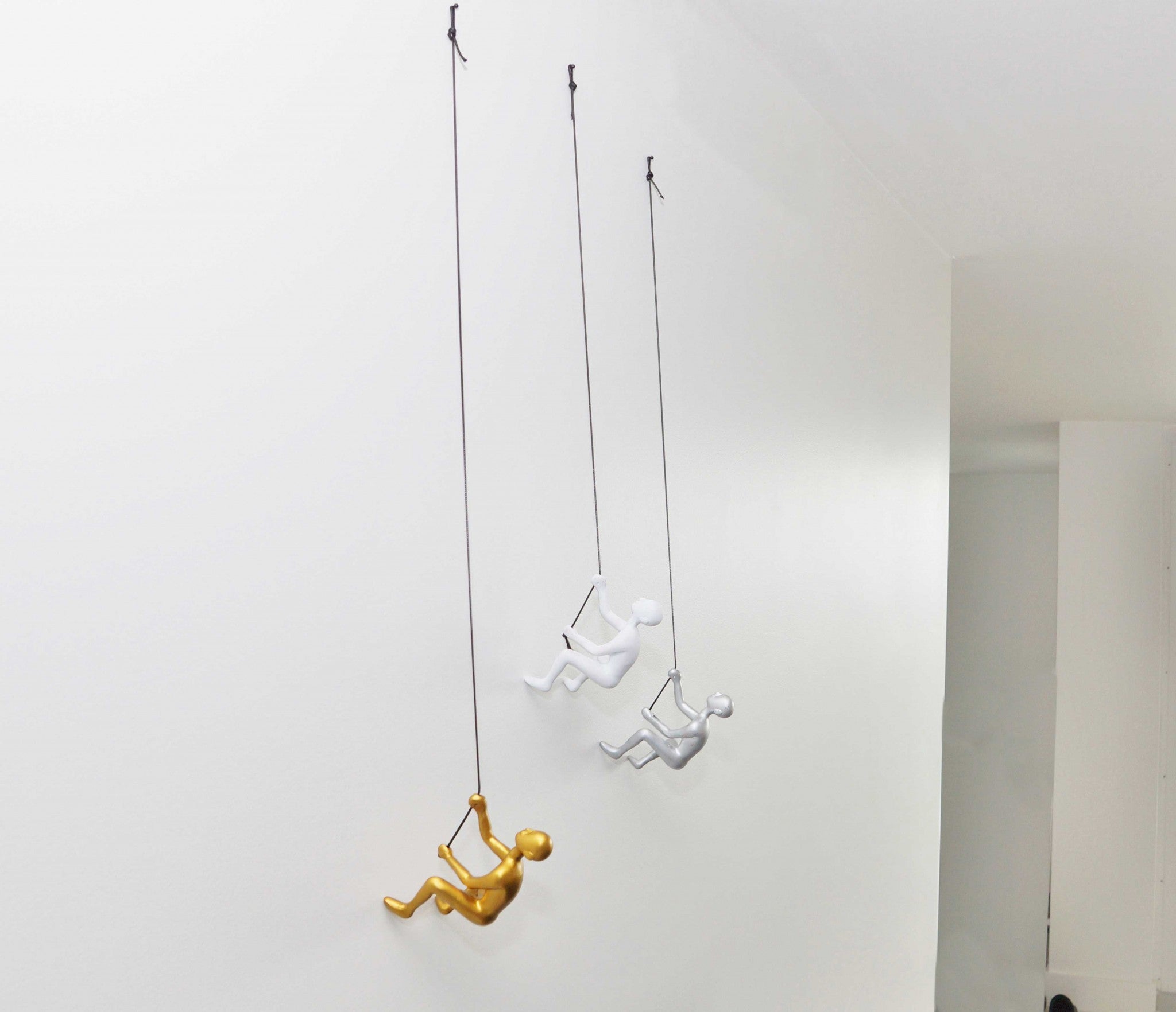 Set of Three 6" White Silver and Gold Climbing Men With Rope Wall Art