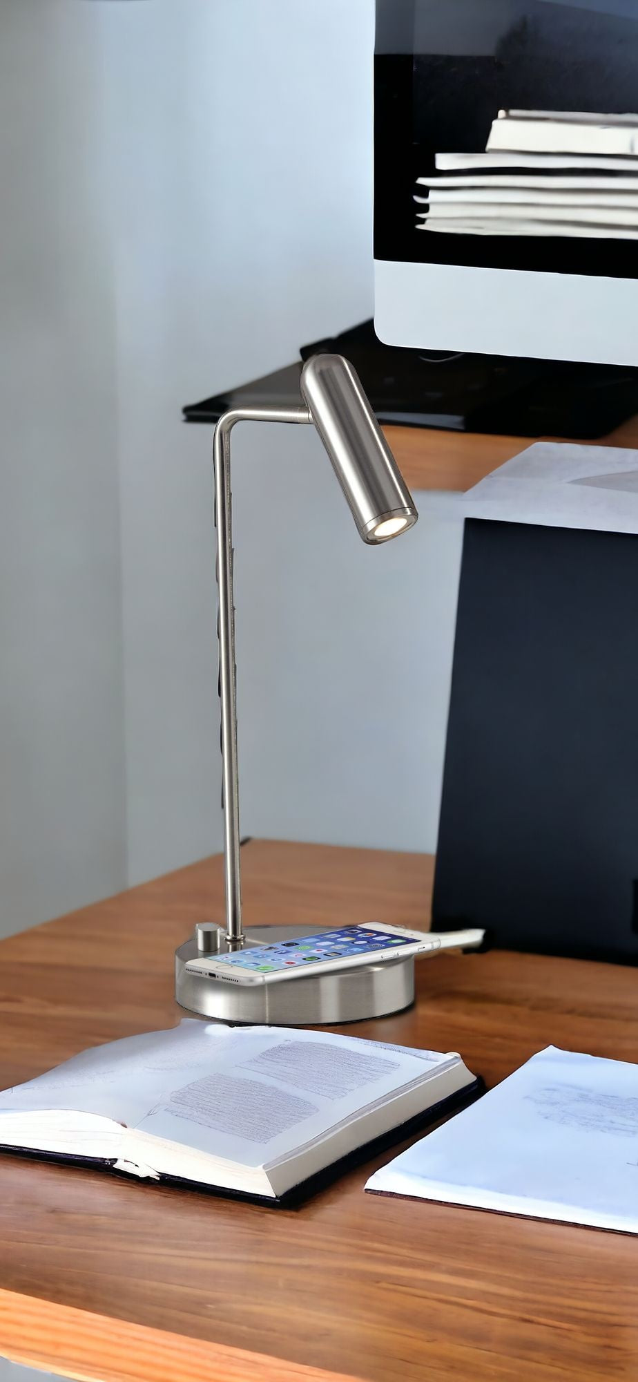 17" Silver Desk Lamp with USB and Wireless Charging