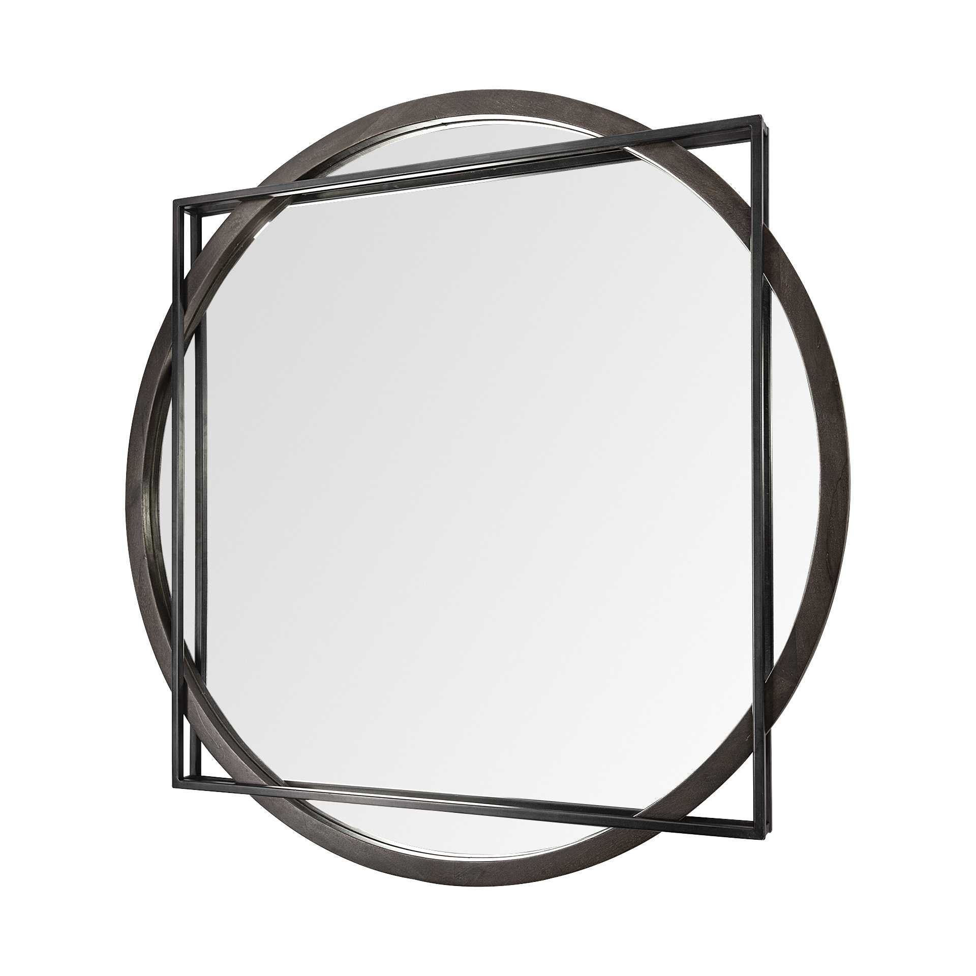 46" Round on Square Black Wood And Metal Frame Wall Mirror