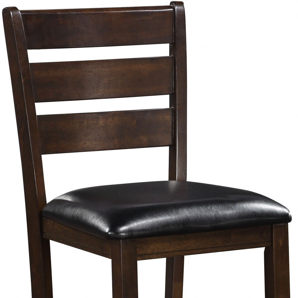 Set Of 2 41" Dark Wood Finish And Black Faux Leather Ladder Back Counter Height Chairs