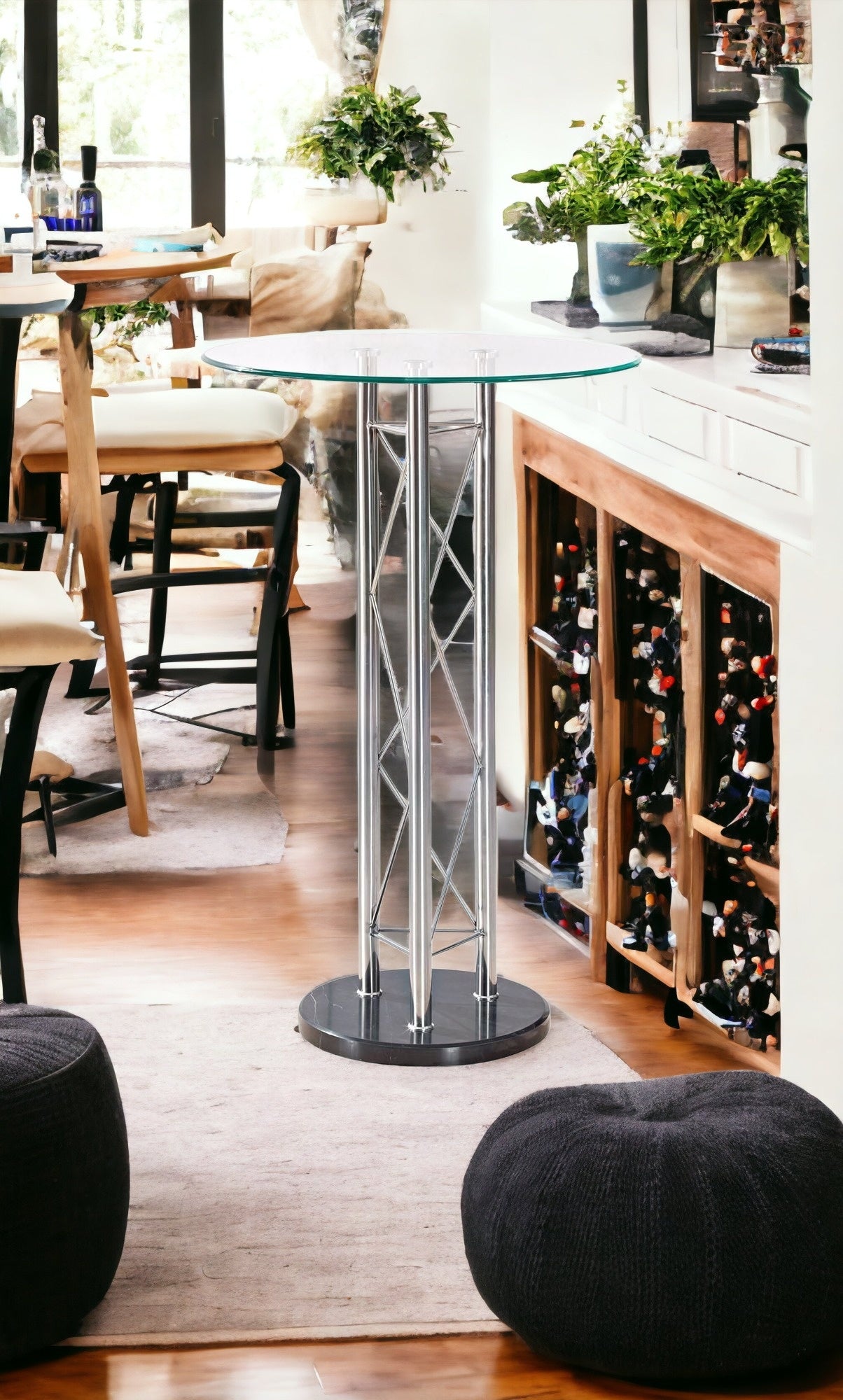 26" Clear and Black and Silver Rounded Glass and Marble Bar Table