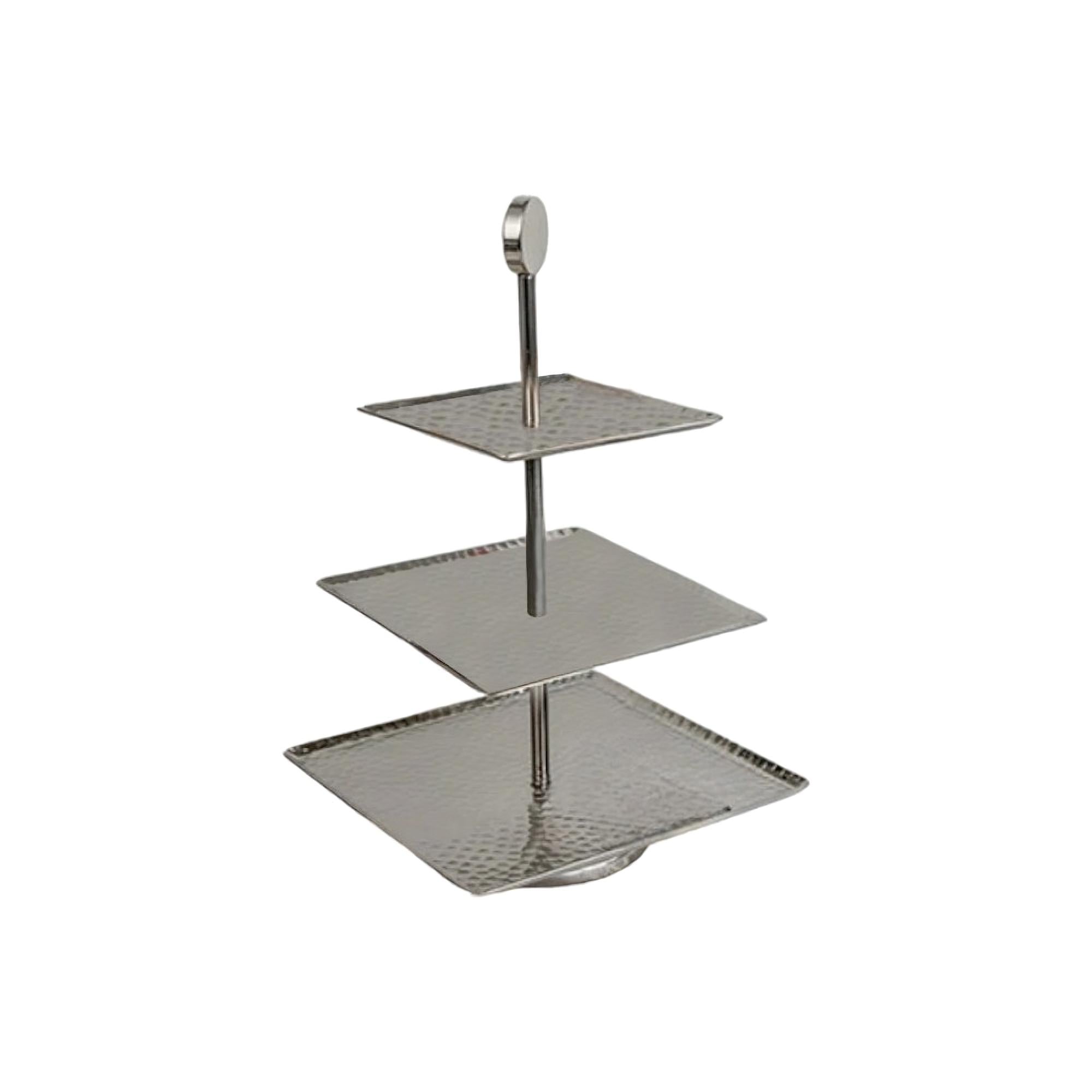 14" Silver Square Stainless Steel Hammered Three Tier Tray