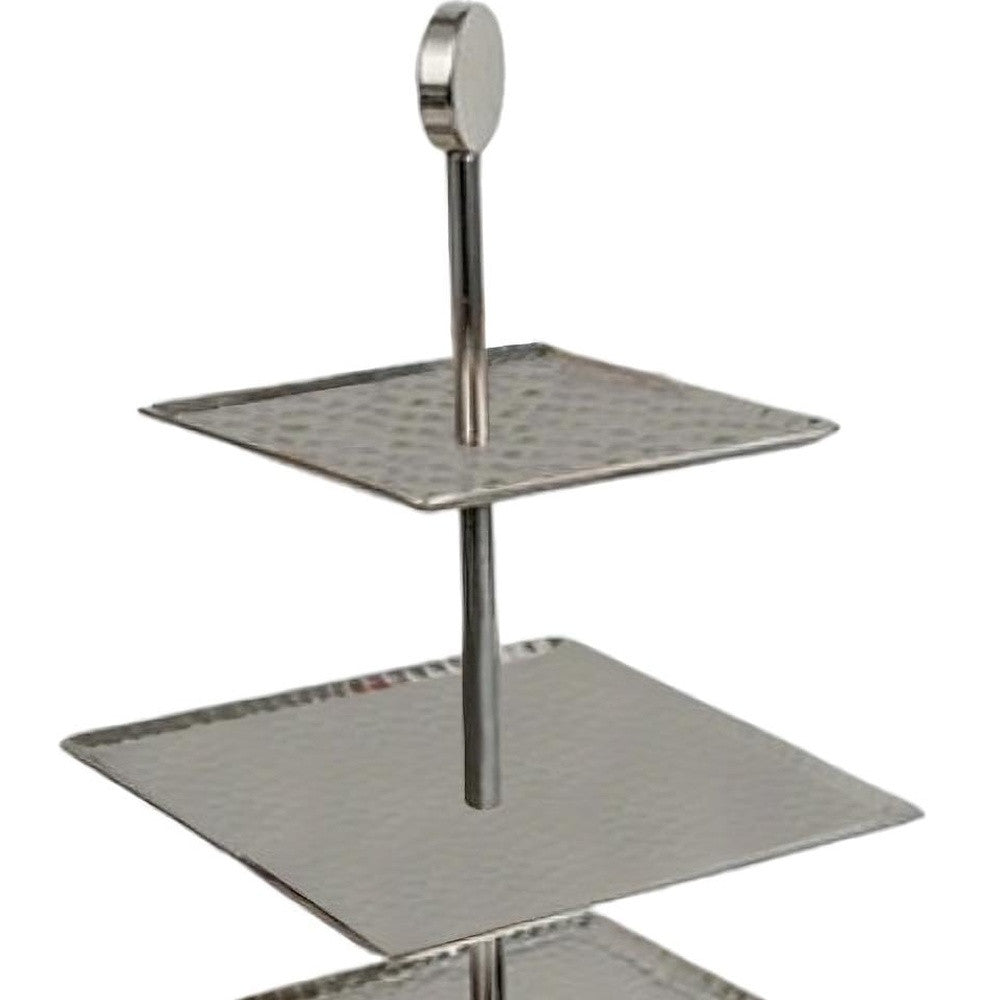 14" Silver Square Stainless Steel Hammered Three Tier Tray