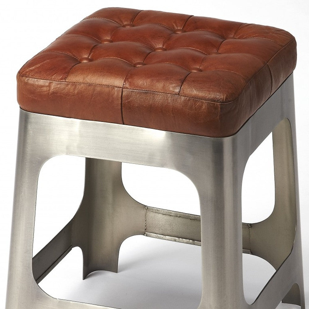 20" Brown And Silver Leather And Iron Backless Bar Chair