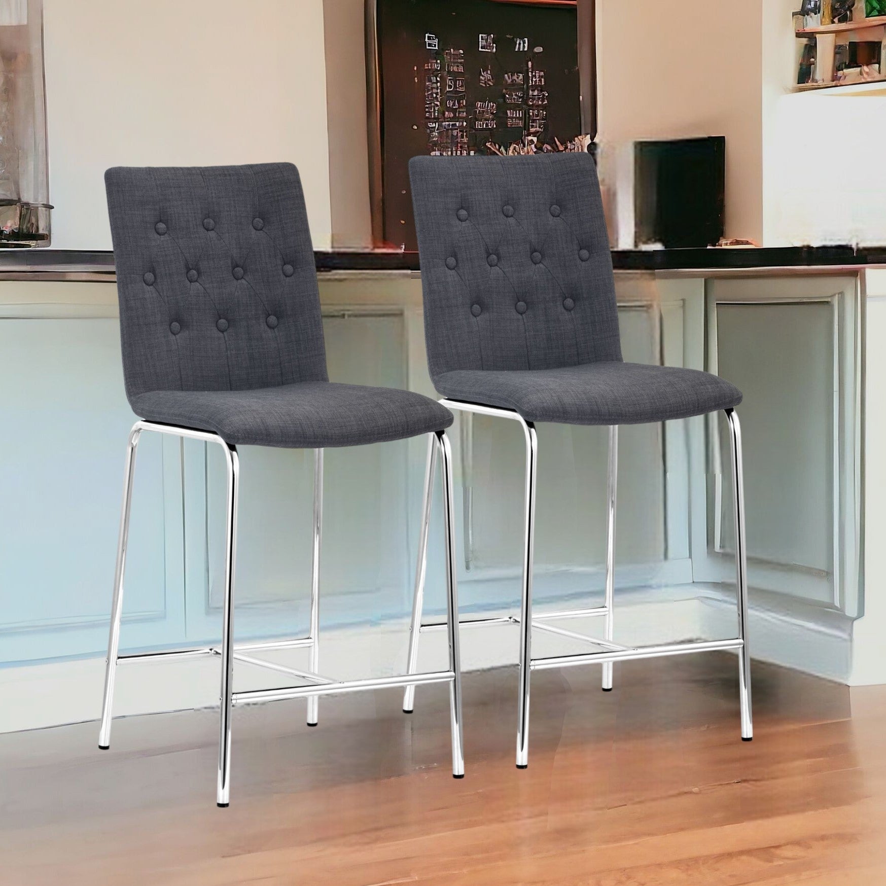 Set of Two 24" Graphite And Silver Steel Low Back Counter Height Bar Chairs