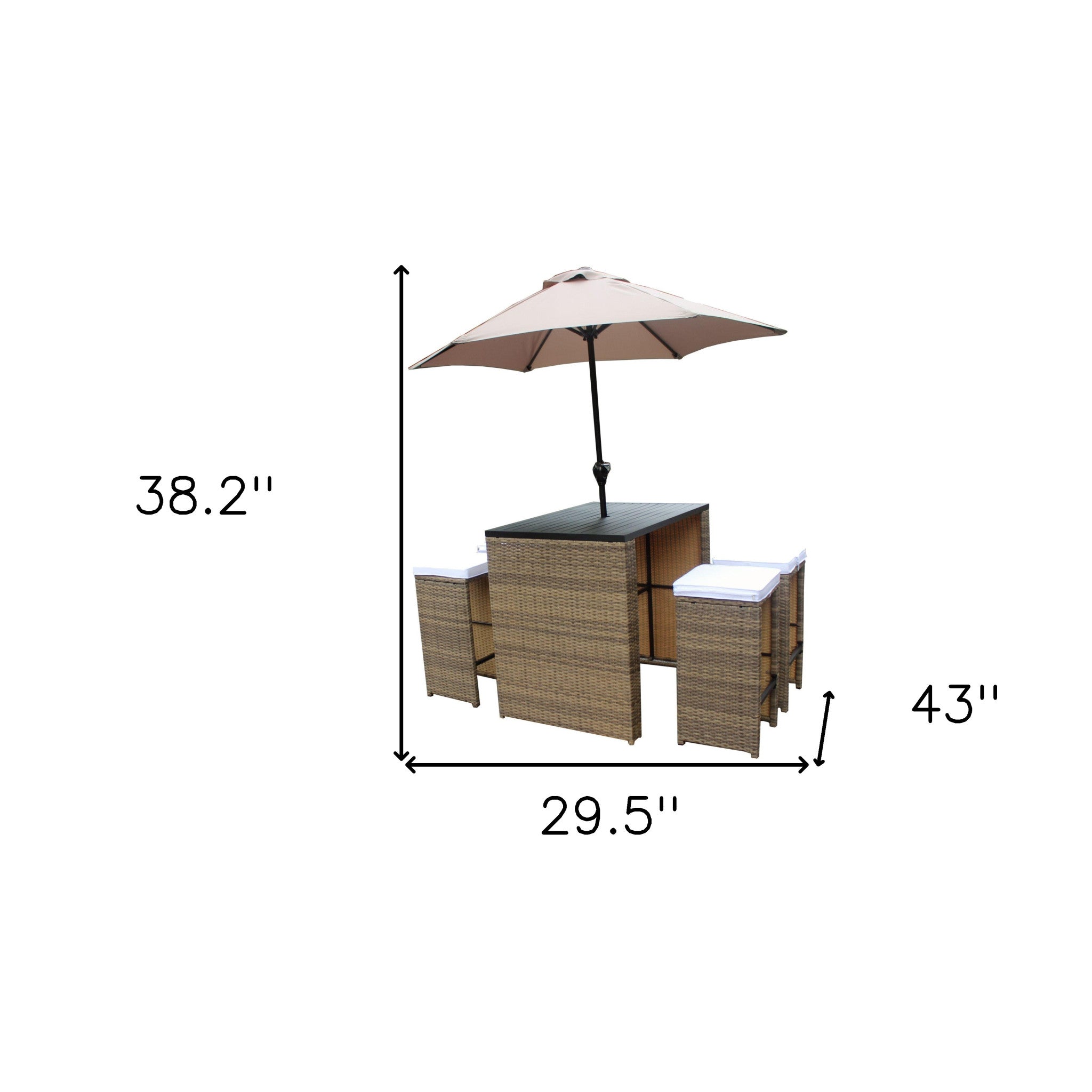 Six Piece Brown and White Faux Wicker Outdoor Bar Height Table Set with Umbrella and Stools