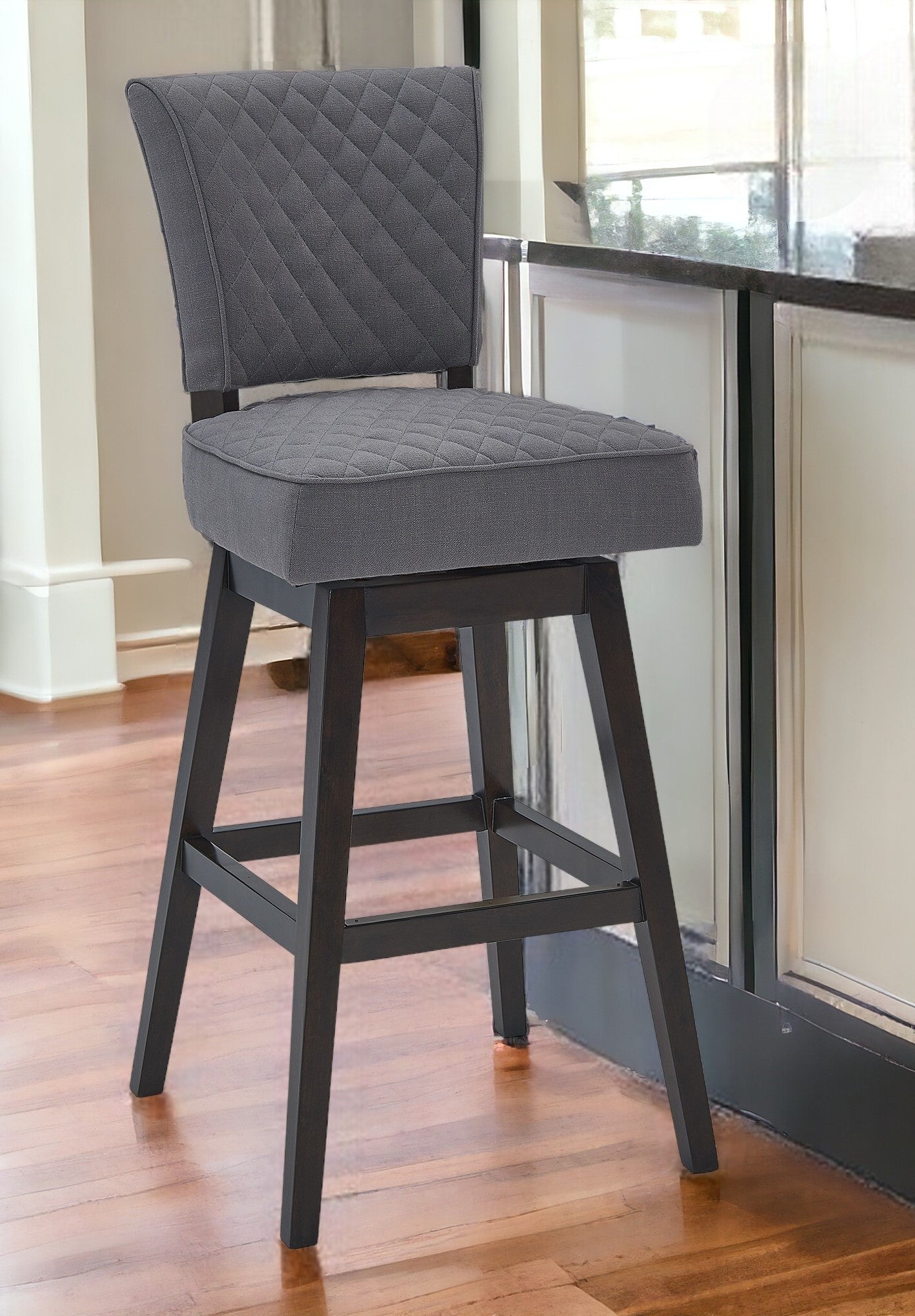 27" Gray And Espresso Solid Wood Swivel Counter Height Bar Chair