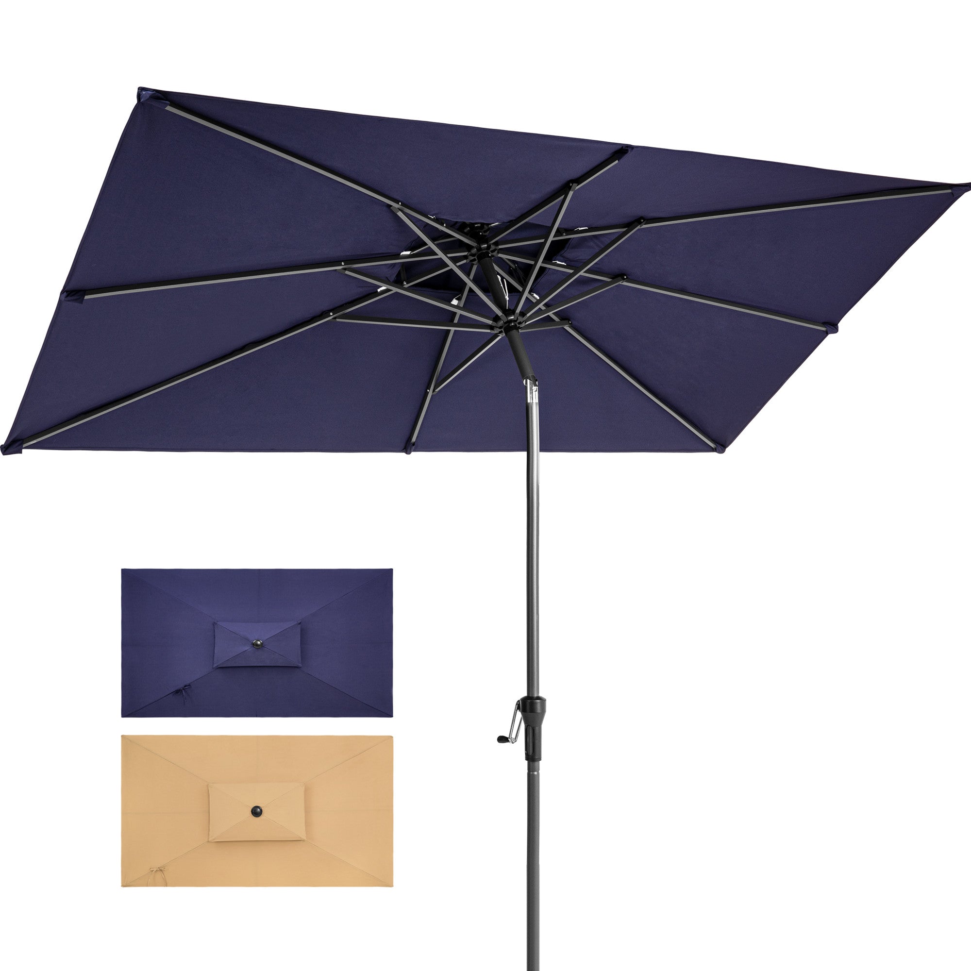 10' Navy Polyester Rectangular Tilt Market Patio Umbrella With Stand