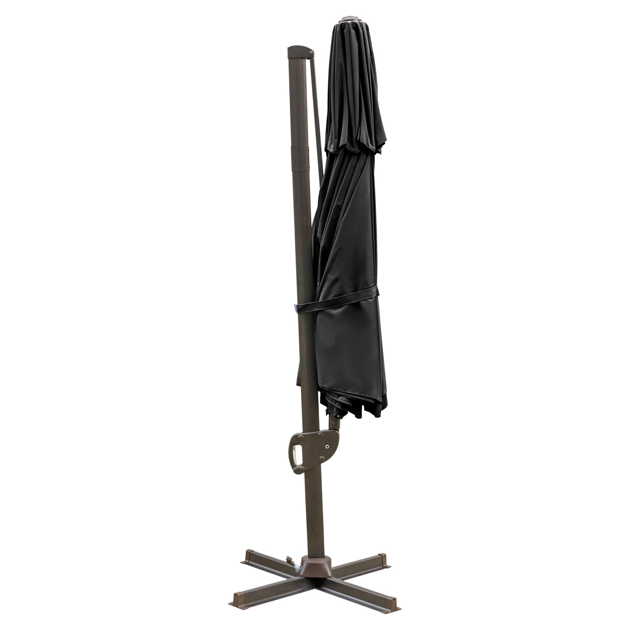 11.5' Black Polyester Round Tilt Cantilever Patio Umbrella With Stand