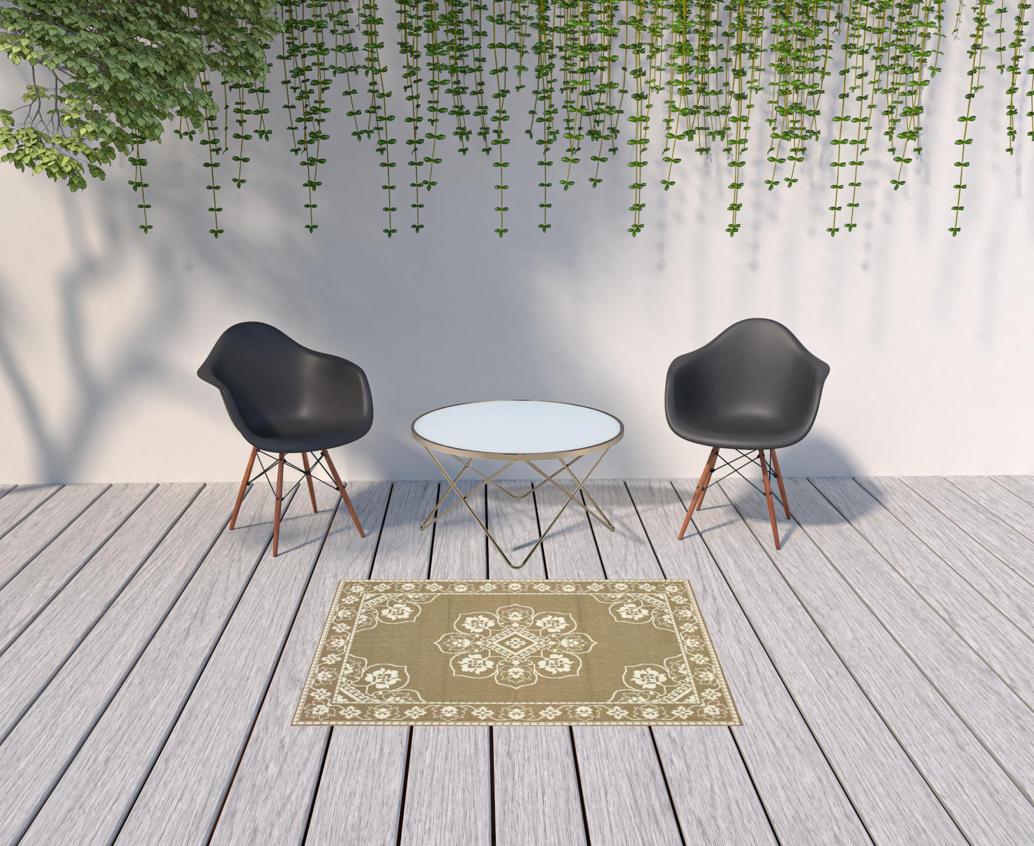 4' x 6' Tan Oriental Stain Resistant Indoor Outdoor Area Rug
