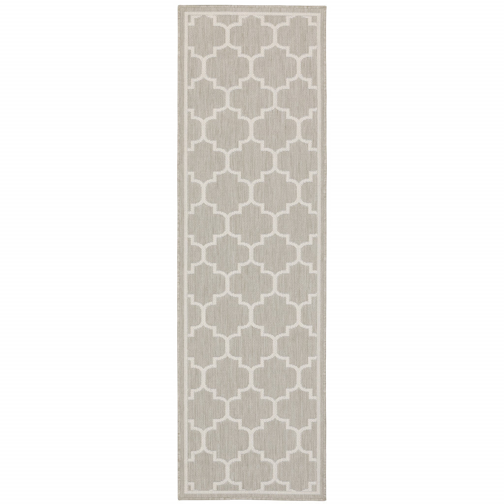 2' X 7' Gray and Ivory Geometric Stain Resistant Indoor Outdoor Area Rug