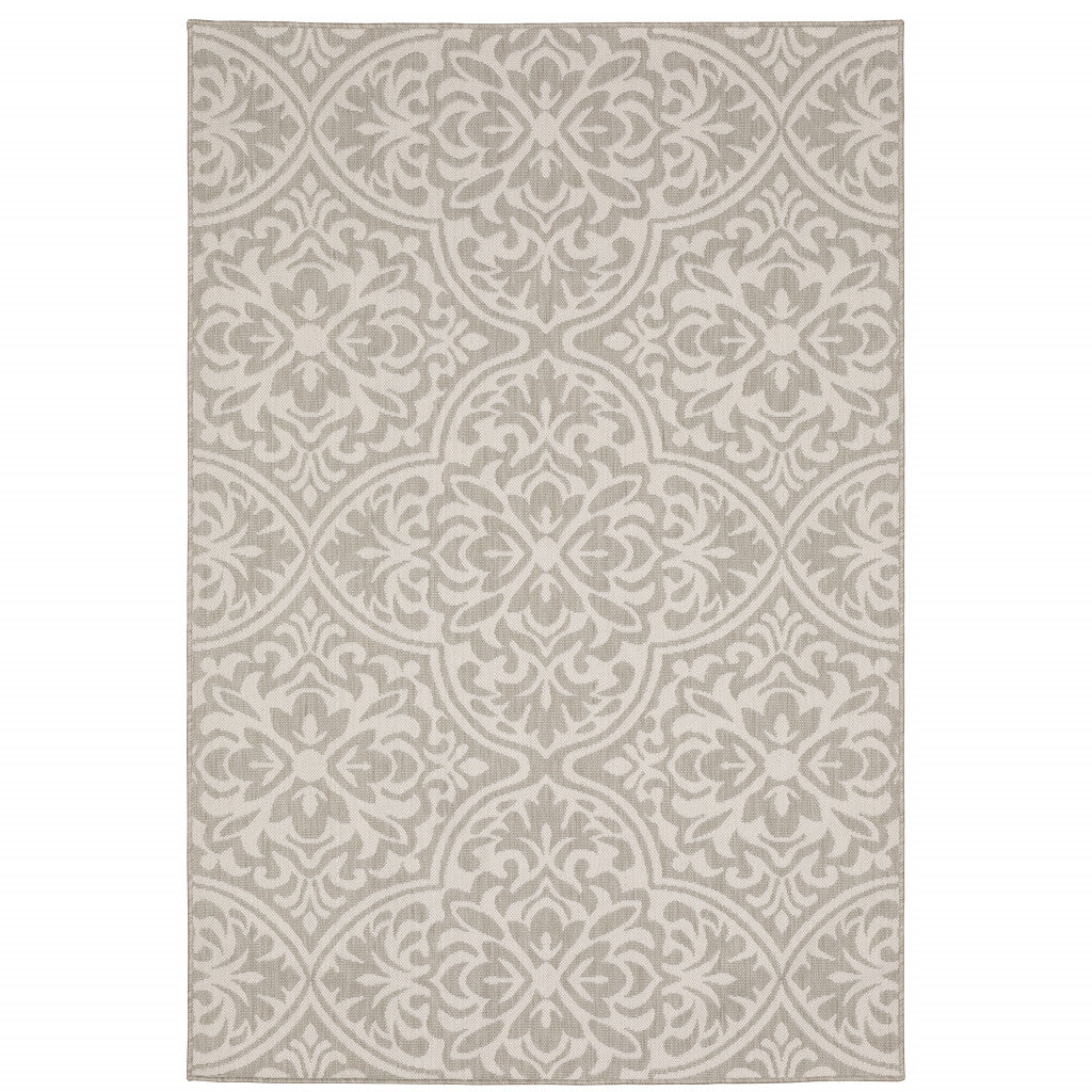 8' x 10' Gray and Ivory Floral Stain Resistant Indoor Outdoor Area Rug