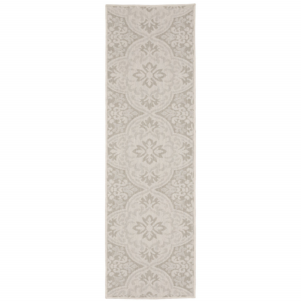 2' X 7' Gray and Ivory Floral Stain Resistant Indoor Outdoor Area Rug
