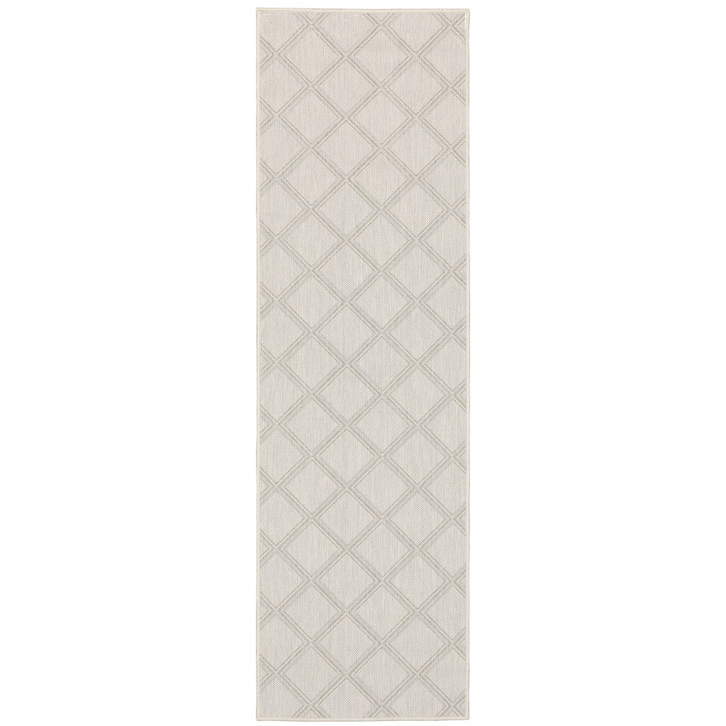2' X 7' Gray and Ivory Geometric Stain Resistant Indoor Outdoor Area Rug