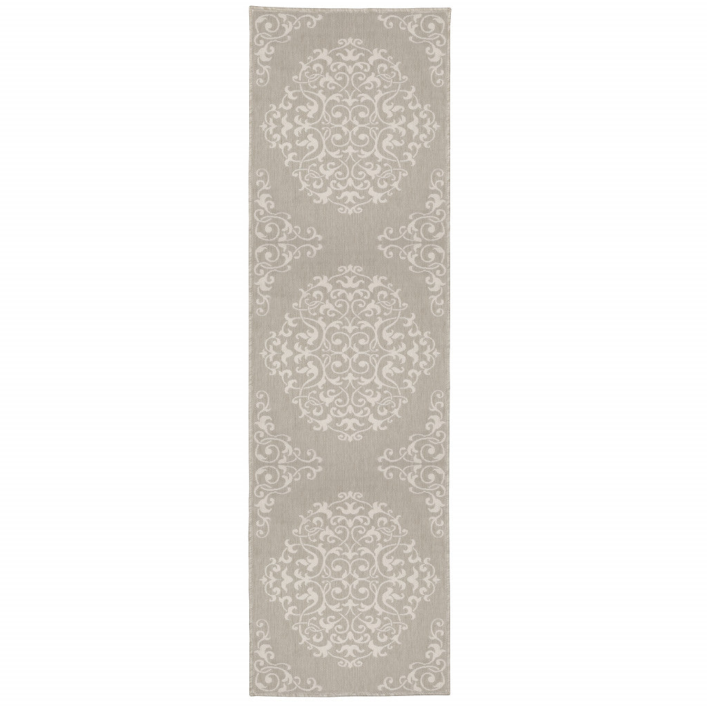 2' X 7' Gray and Ivory Oriental Stain Resistant Indoor Outdoor Area Rug