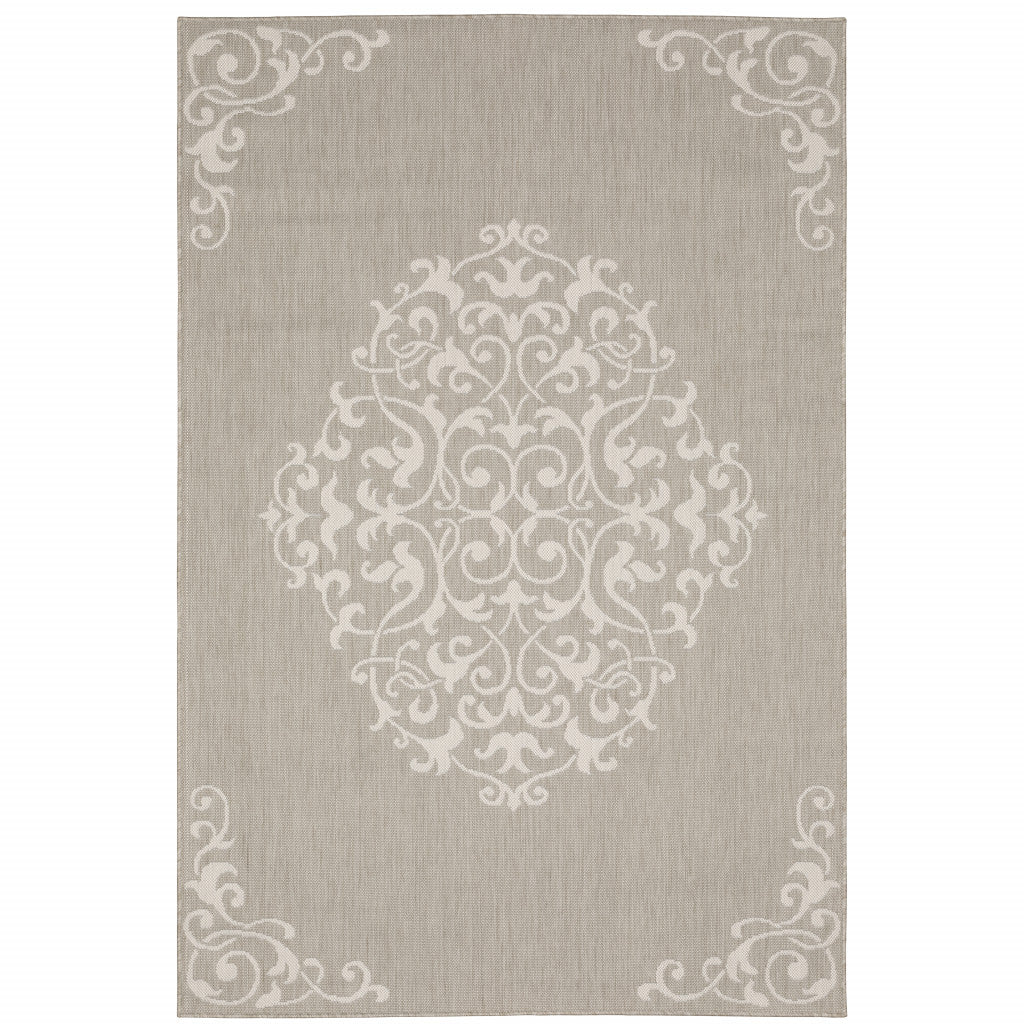 7' x 9' Gray and Ivory Oriental Stain Resistant Indoor Outdoor Area Rug