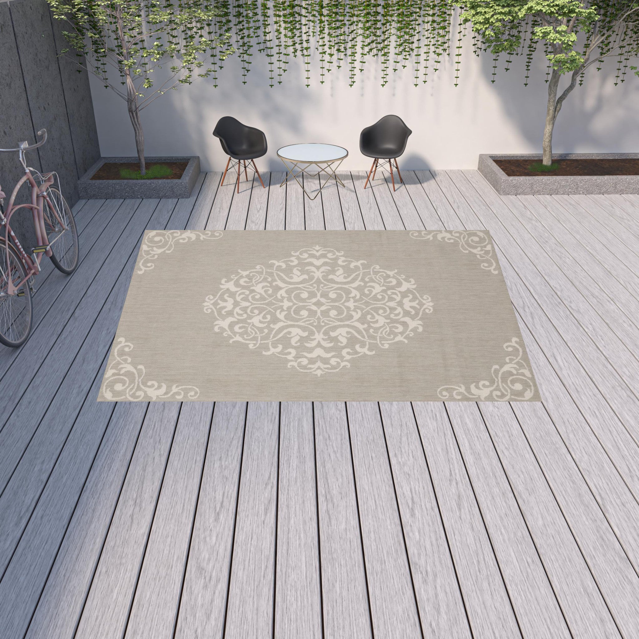 10' x 13' Gray and Ivory Oriental Stain Resistant Indoor Outdoor Area Rug