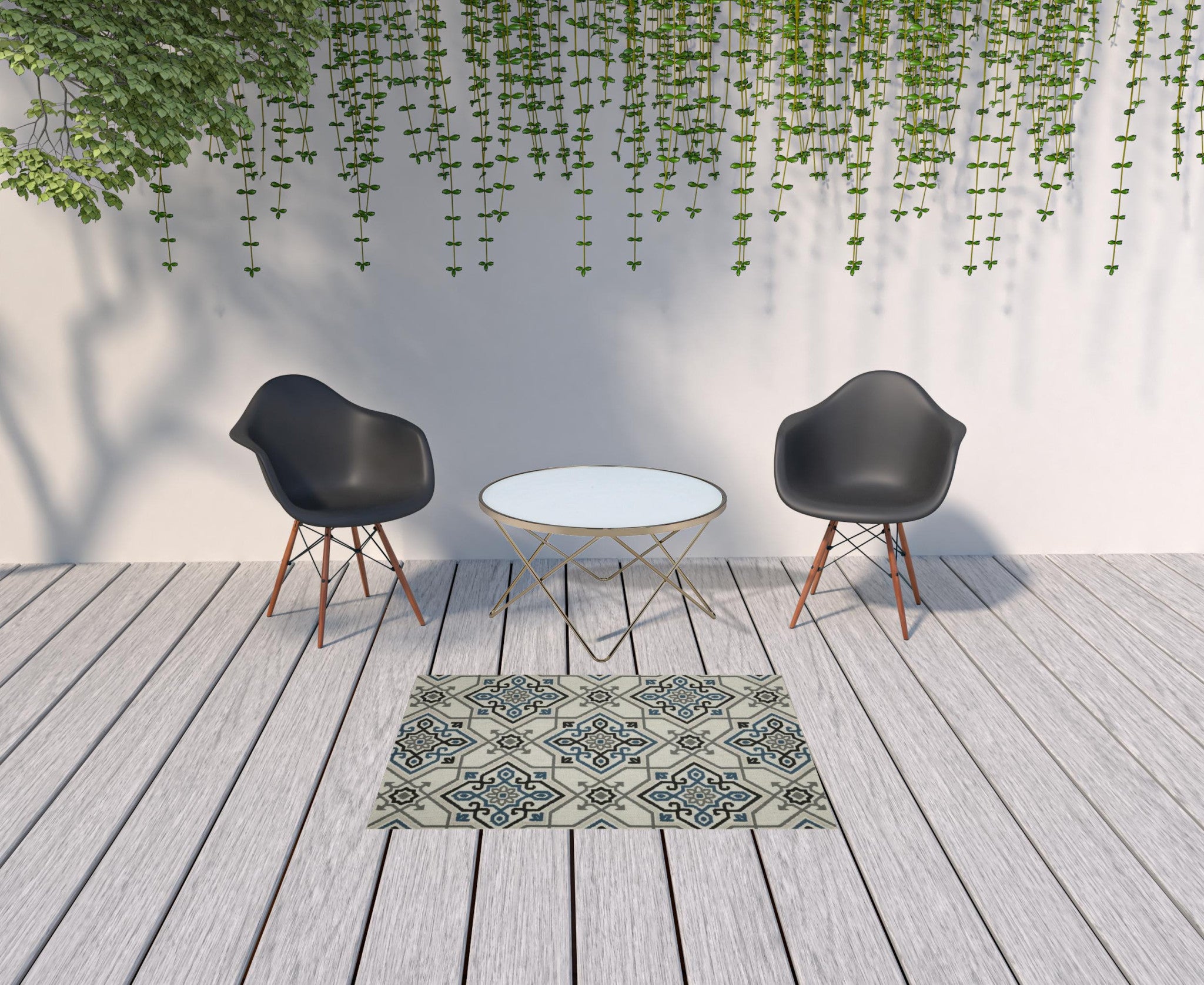 3' X 5' Blue and Beige Oriental Stain Resistant Indoor Outdoor Area Rug