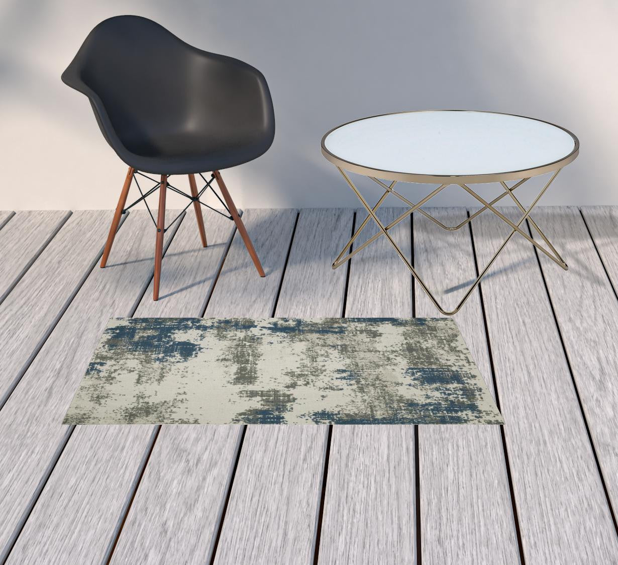 2' X 4' Blue and Beige Abstract Stain Resistant Indoor Outdoor Area Rug