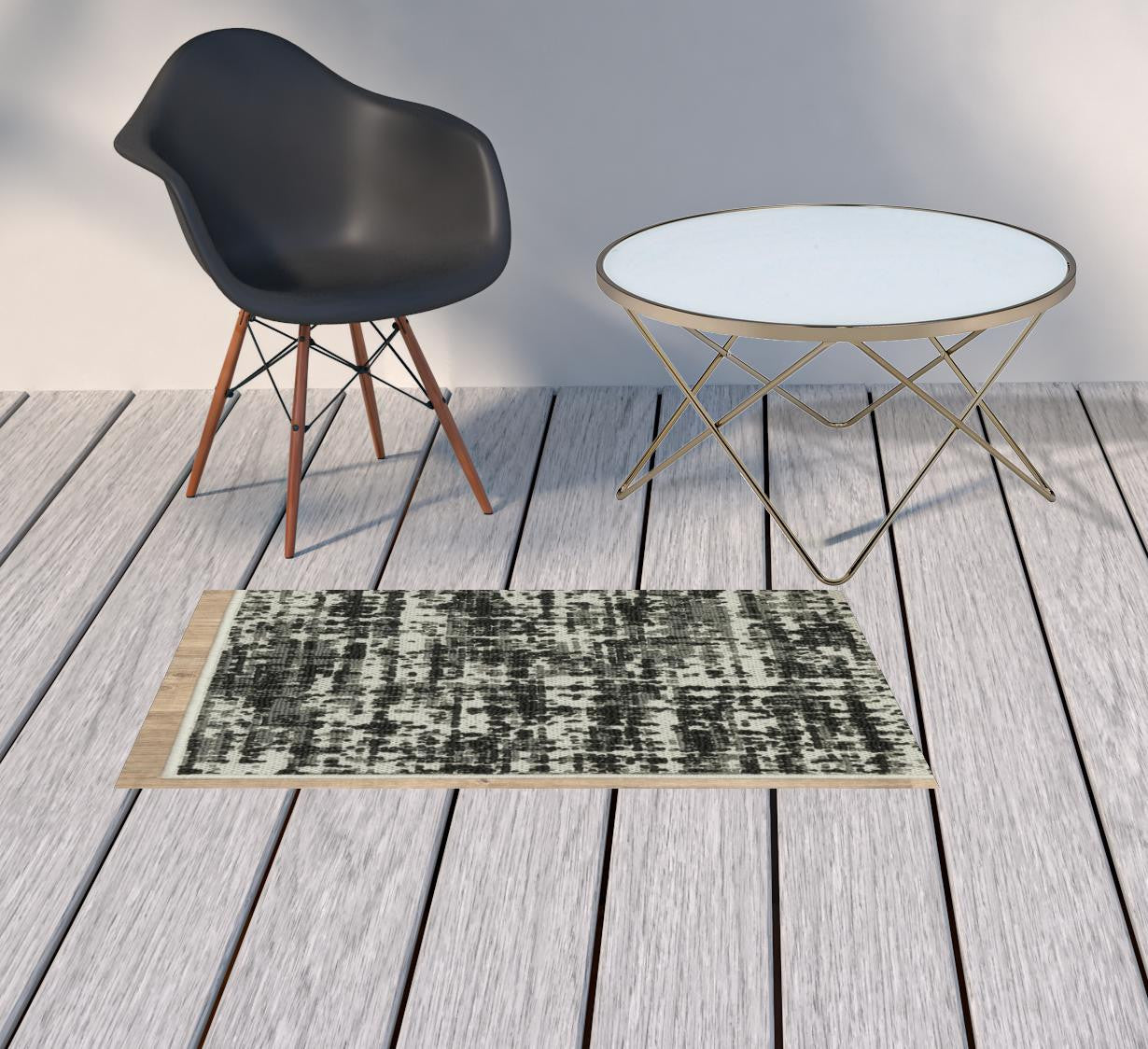 2' X 4' Beige and Black Abstract Stain Resistant Indoor Outdoor Area Rug