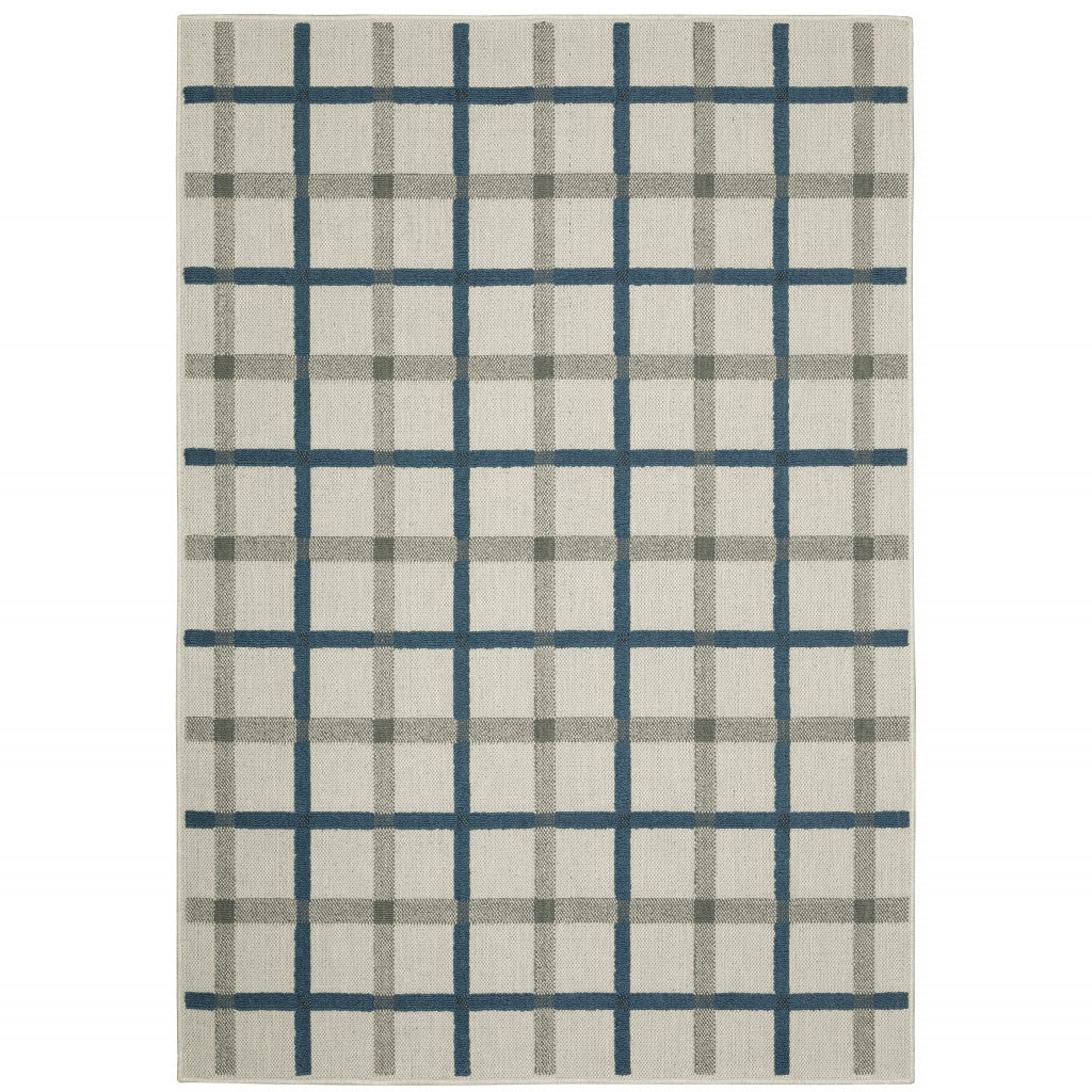 2' X 4' Blue and Beige Geometric Stain Resistant Indoor Outdoor Area Rug