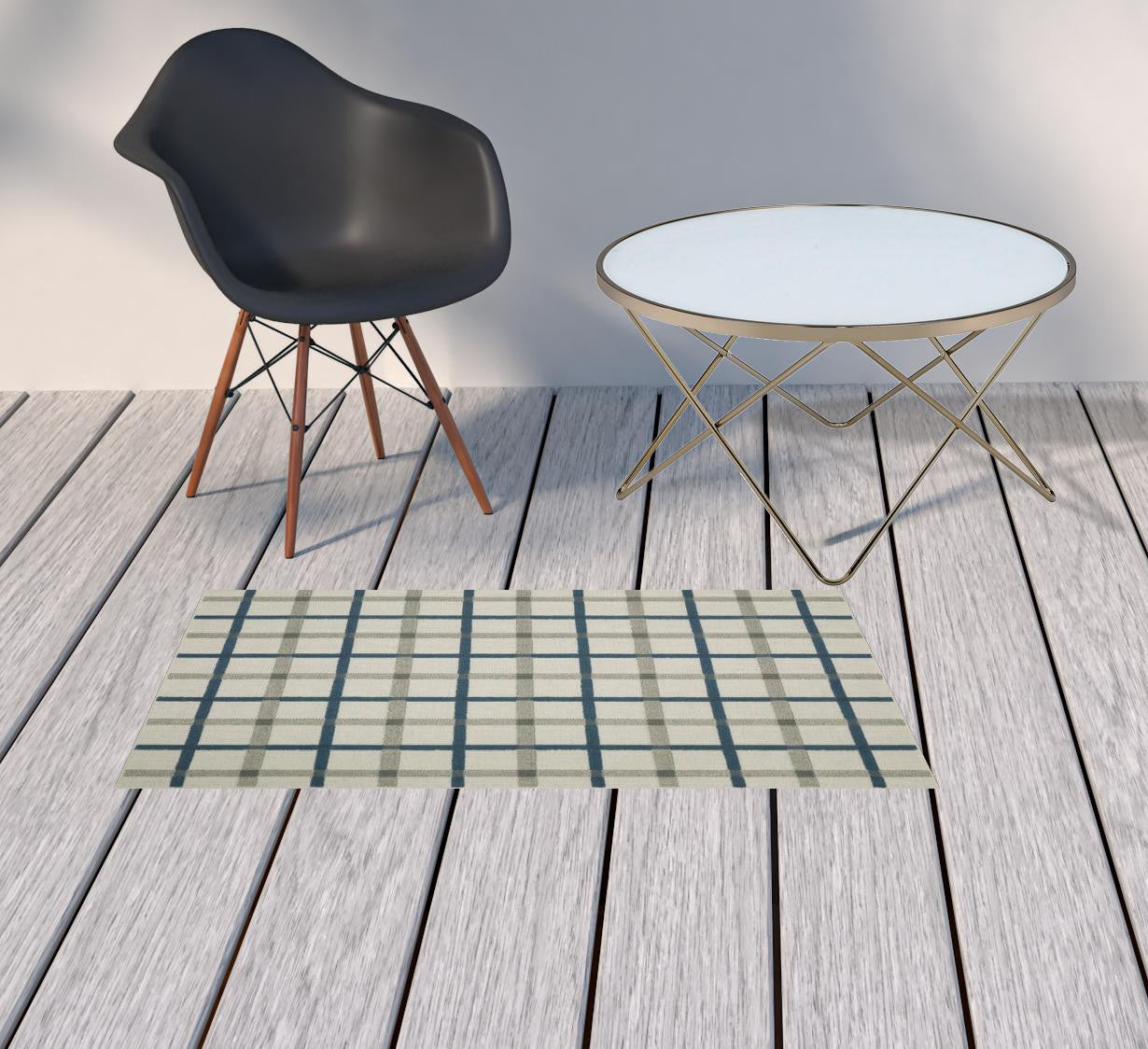 2' X 4' Blue and Beige Geometric Stain Resistant Indoor Outdoor Area Rug