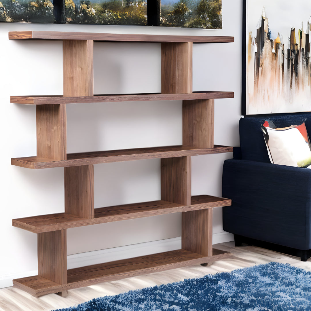 63" Walnut Wood Five Tier Asymmetrical Open Bookcase