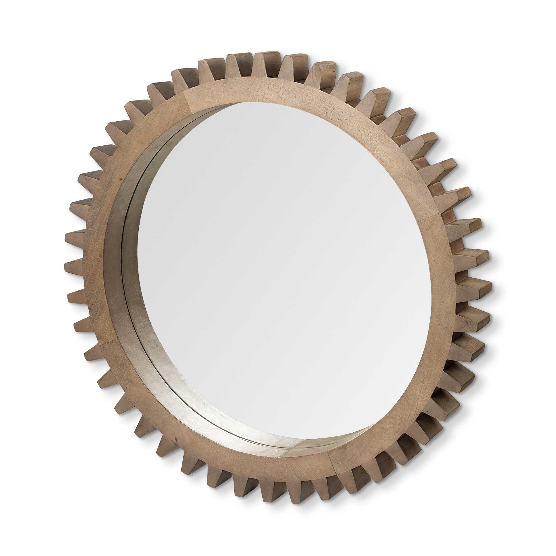 35" Round Brown Wood Frame Wall Mirror