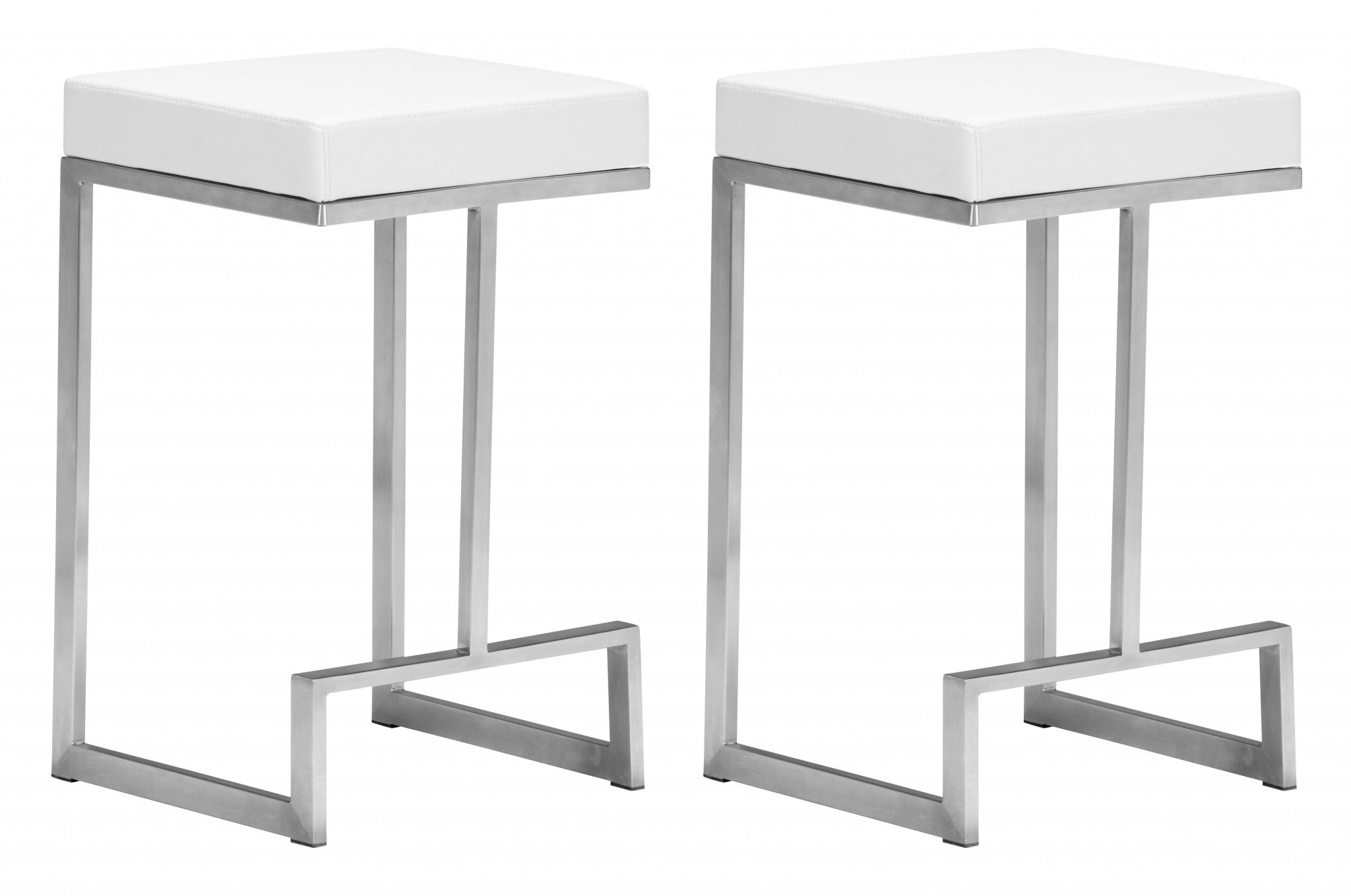 Set of Two 26" White And Silver Steel Backless Counter Height Bar Chairs