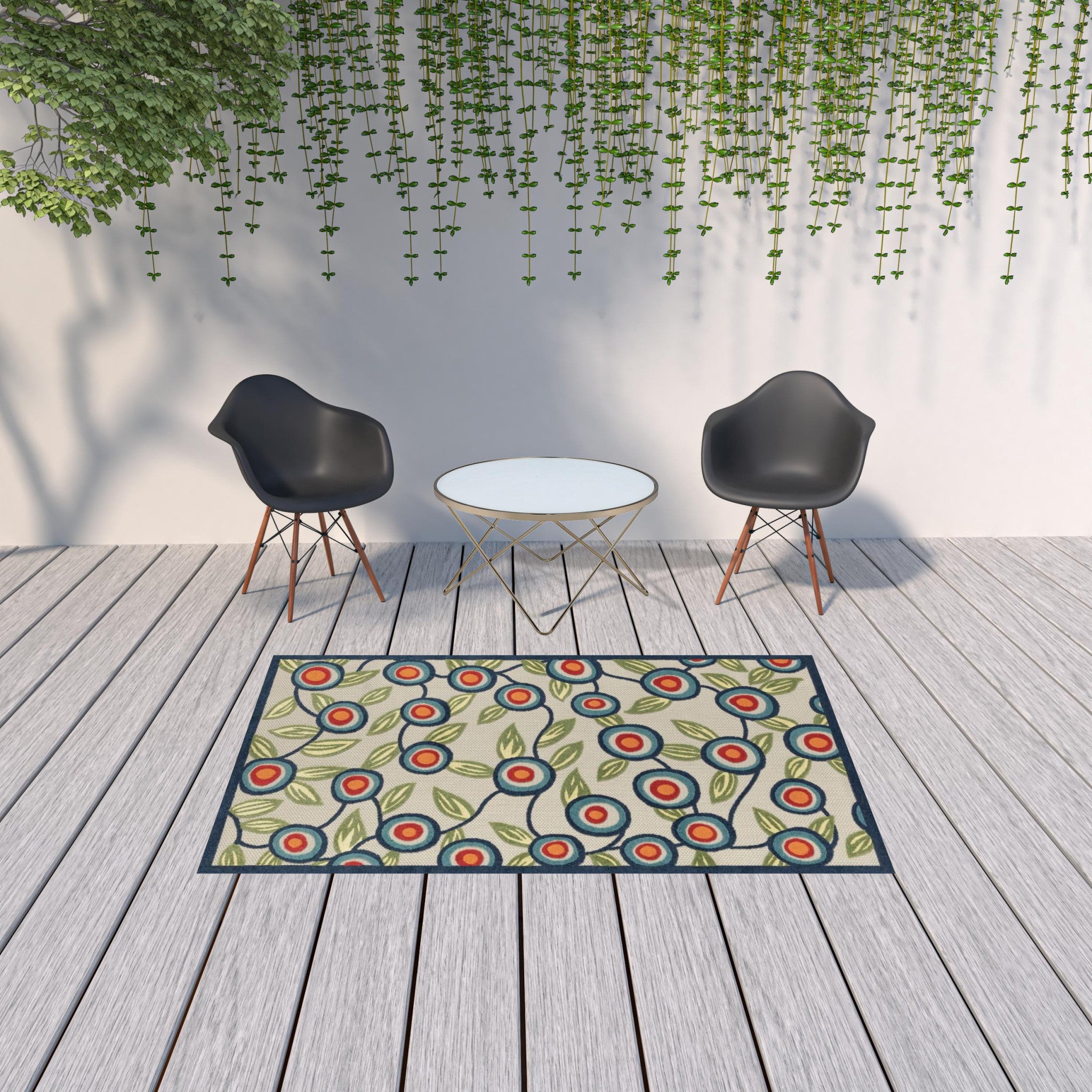 5' X 8' Blue And Green Floral Non Skid Indoor Outdoor Area Rug
