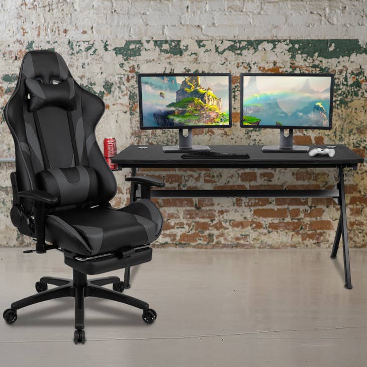 Black Gaming Desk-Cup Holder/Reclining Chair Set