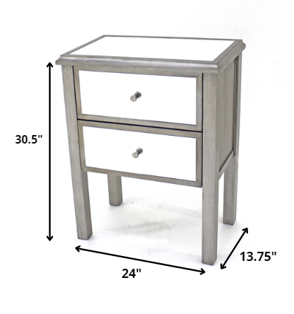 31" Silver Mirrored End Table With Two Drawers