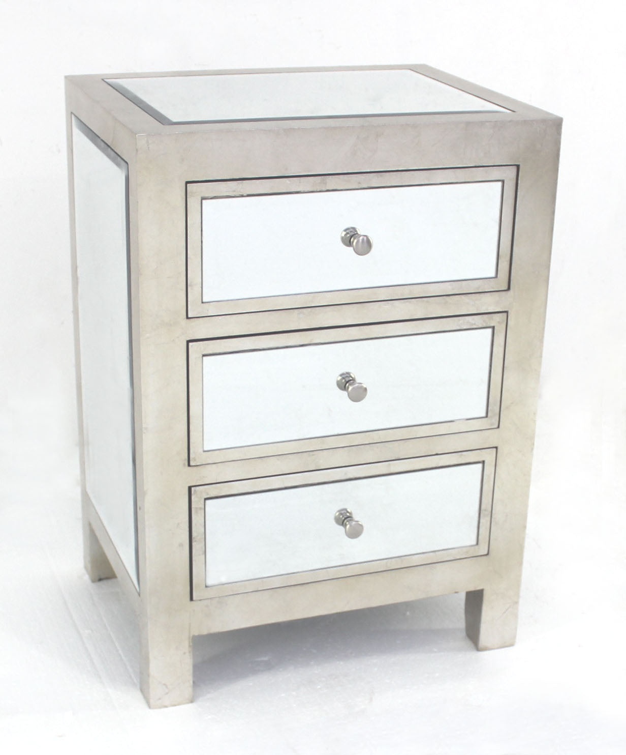 29" Silver Mirrored End Table With Three Drawers