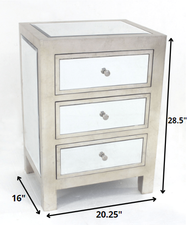 29" Silver Mirrored End Table With Three Drawers