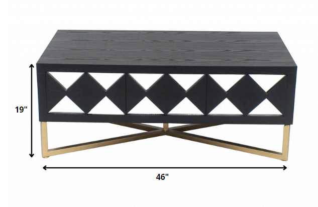 24 X 46 X 19 Black & Gold 3 Drawer Mirrored  Console Table