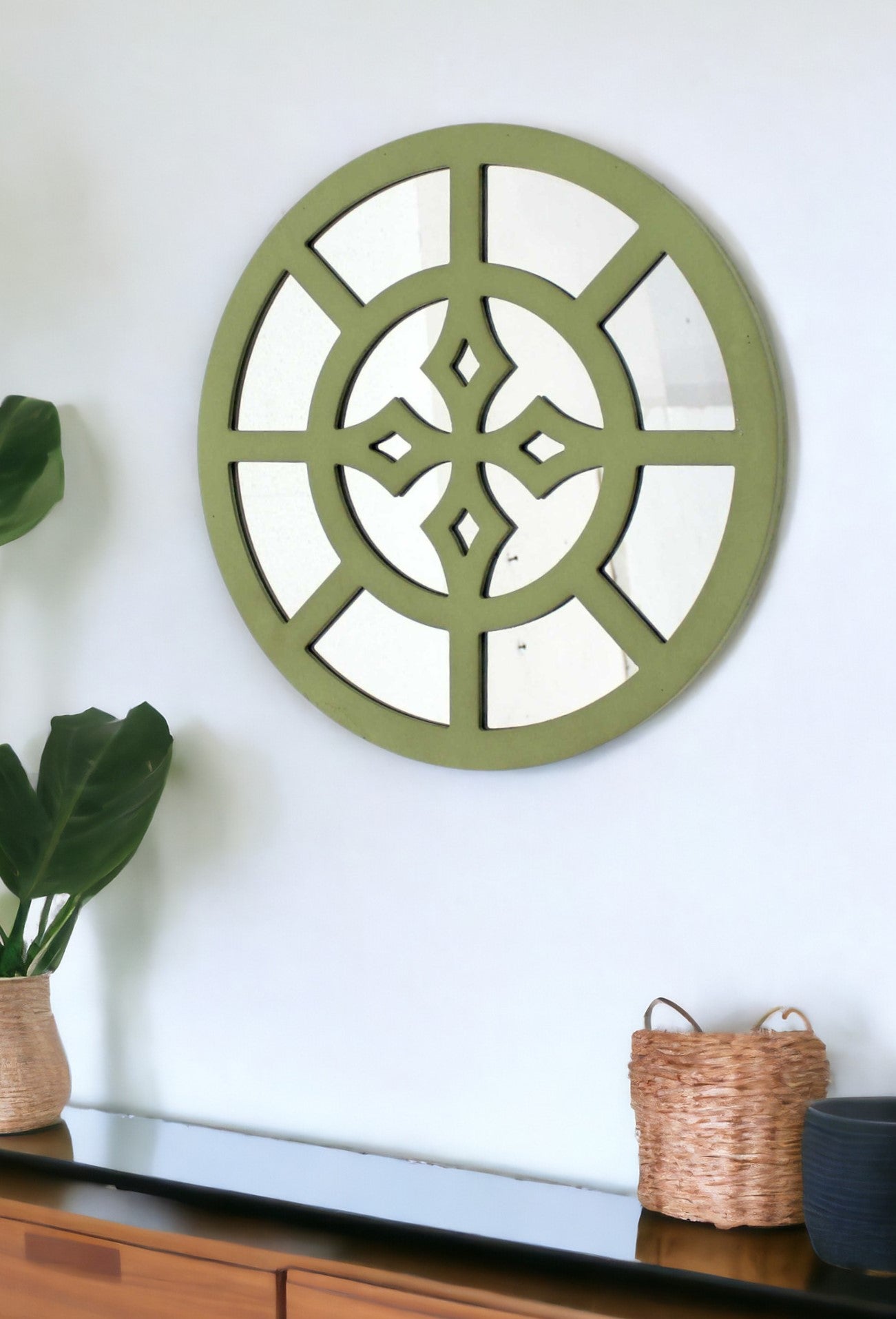 16" X 16" Green Round Geometric Wall Mirror