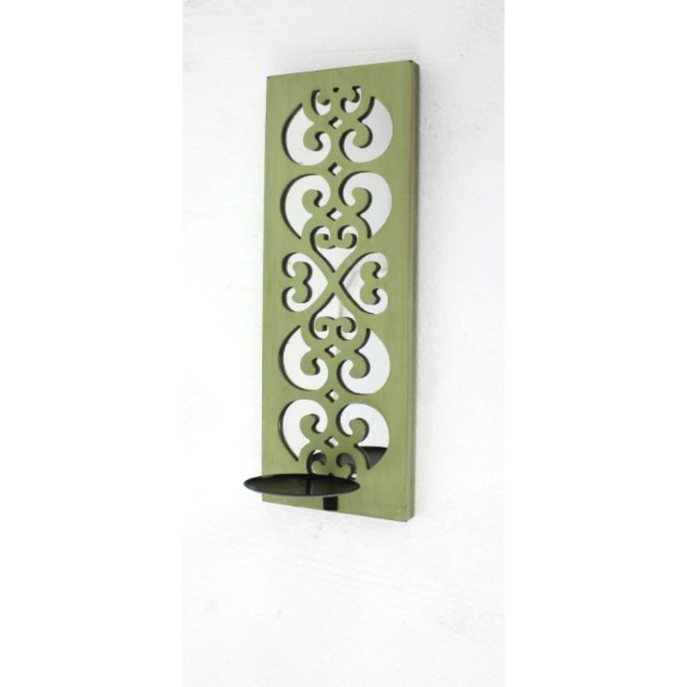 17" X 6" X 5" Green, Wood, Mirror - Candle Holder Sconce