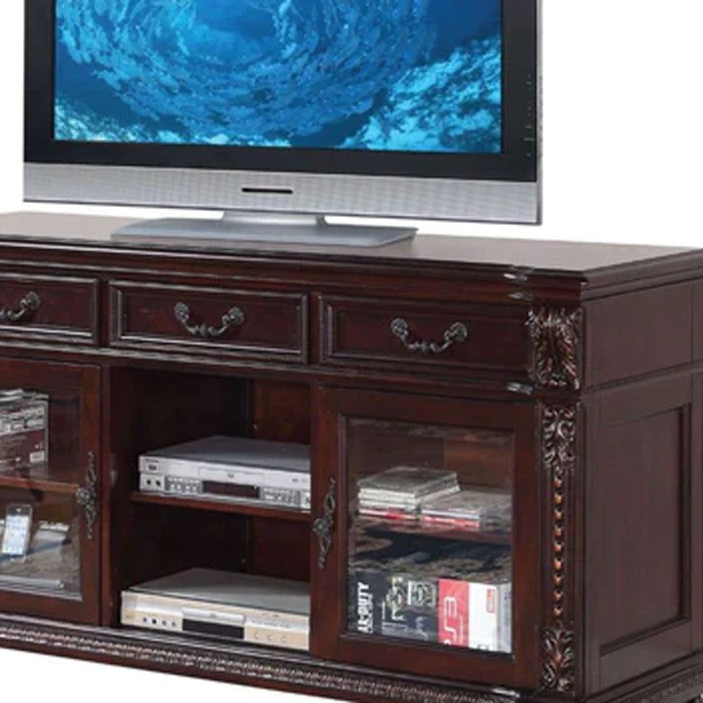 65" Dark Brown Wood Cabinet Enclosed Storage TV Stand