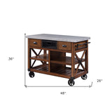 Brown And Silver 48" Rolling Kitchen Cart With Storage