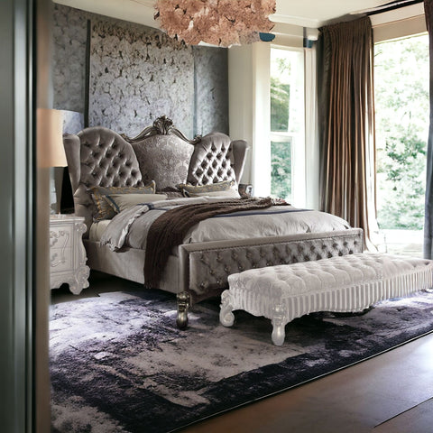 King Tufted Gray Upholstered Velvet Bed With Nailhead Trim