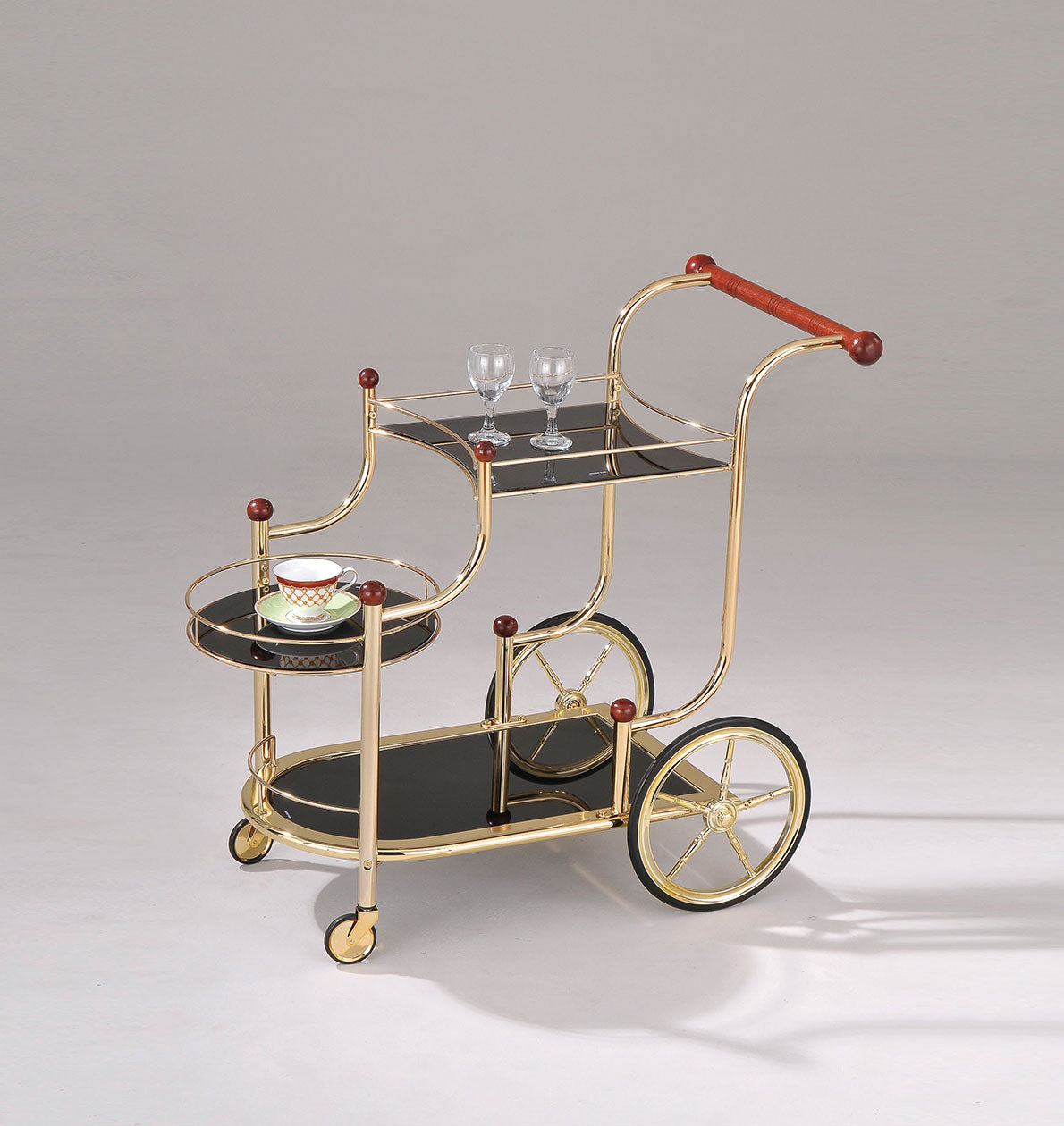 38" X 21" X 33" Golden Plated And Black Glass Serving Cart
