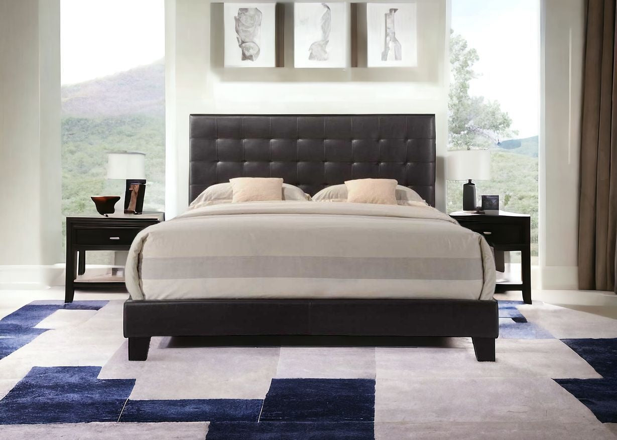 Solid Wood Queen Tufted Espresso Upholstered Faux Leather Bed