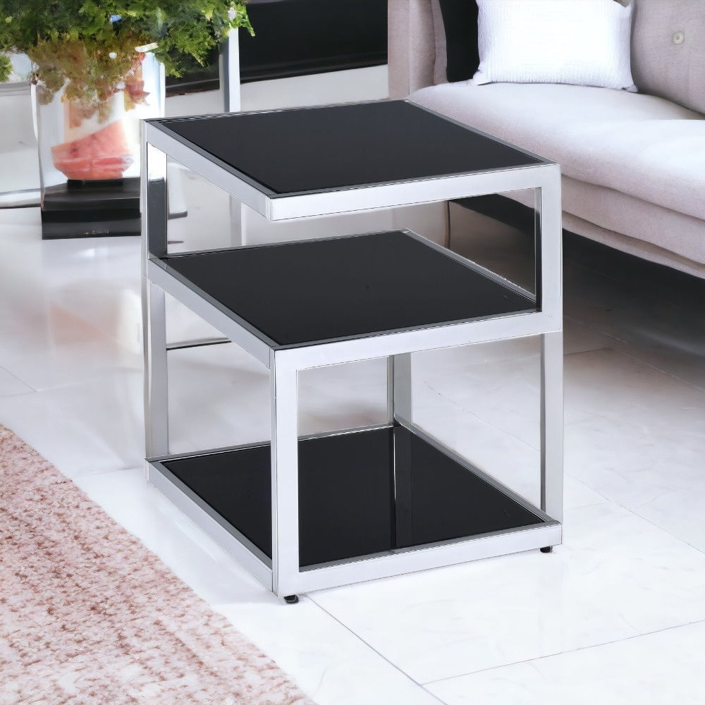 Black Glass And Chrome 3 Tier Shelves End Table