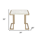 24" Stainless And White Faux Marble End Table