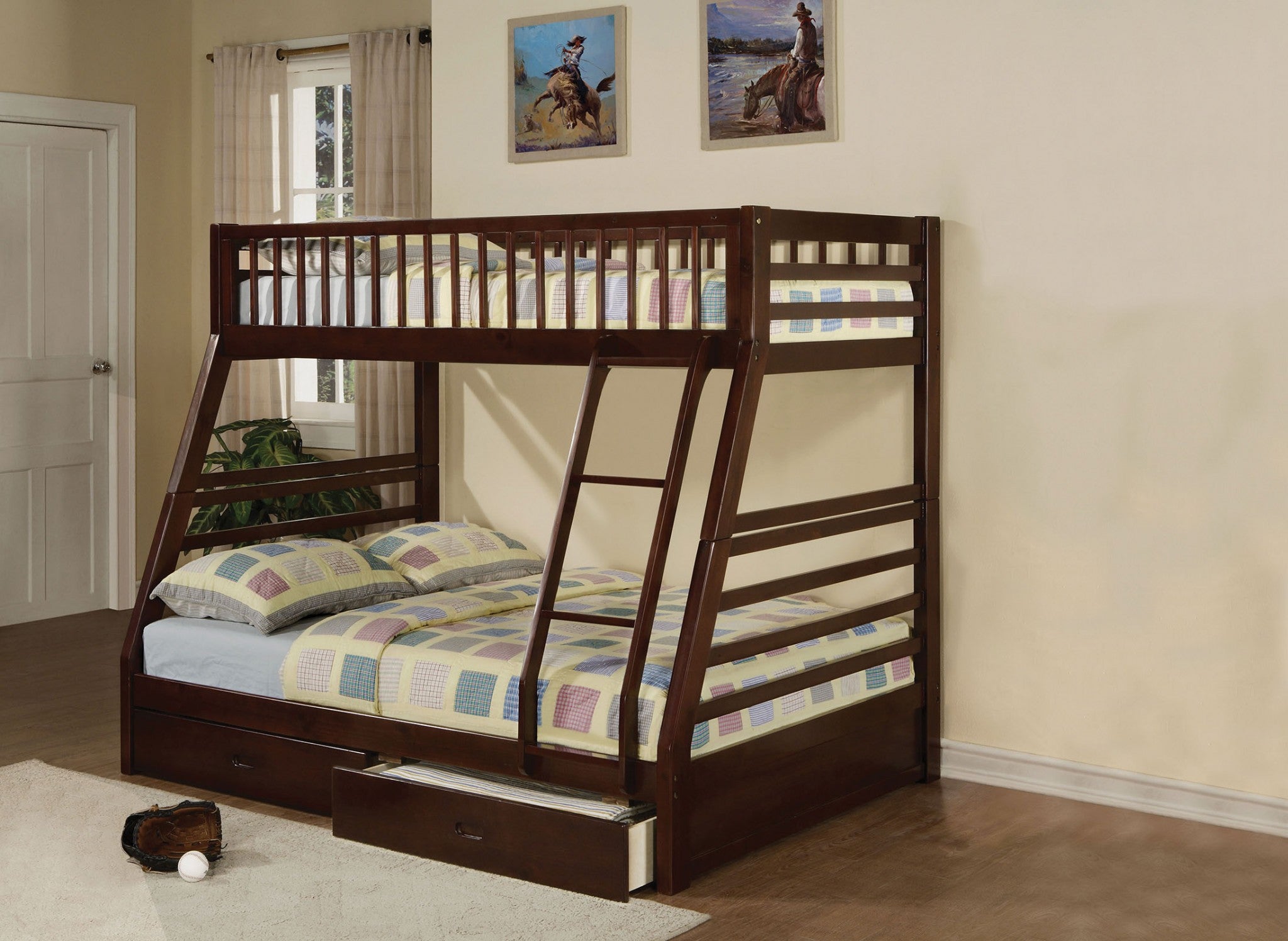 79" X 56" X 65" Epresso Pine Wood Twin Over Full Bunk Bed