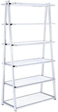 71" White and Silver Metal and Glass Five Tier Ladder Bookcase