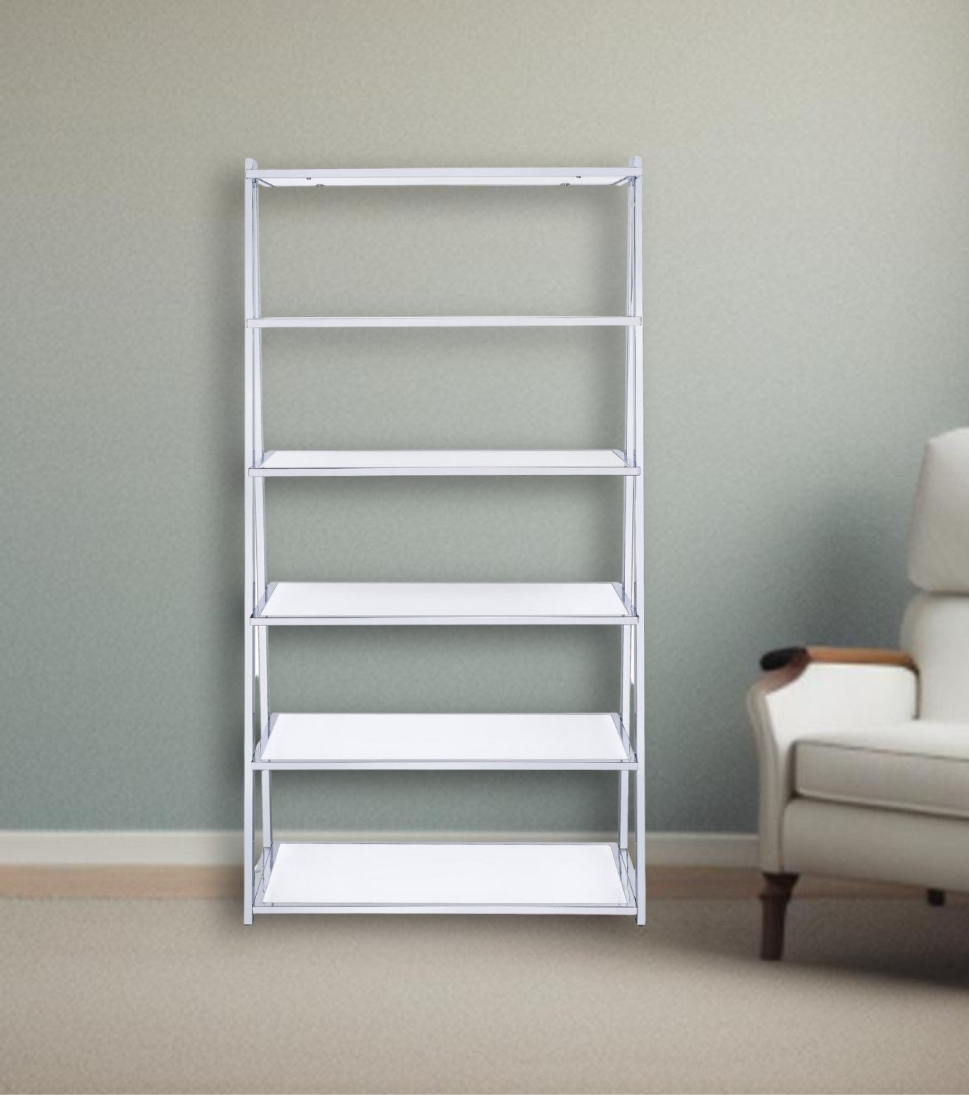71" White and Silver Metal and Glass Five Tier Ladder Bookcase